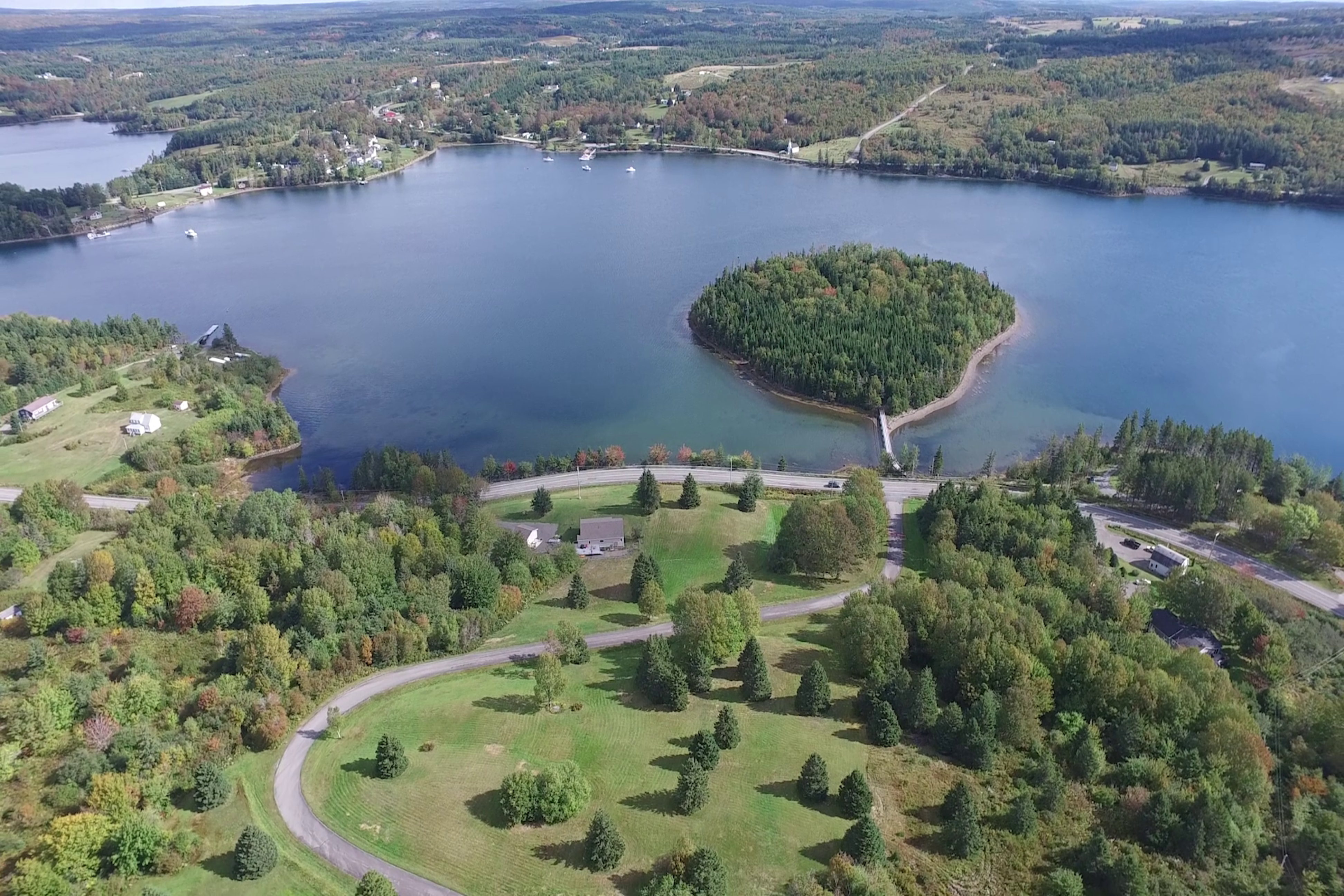 aerial view of park and lake