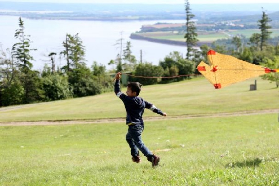 A boy flies a kite in a large field at Blomidon with red sand cliffs in the background.