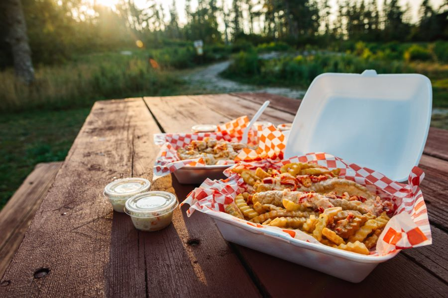 Takeout food fries and a lobster roll on a picnic table.