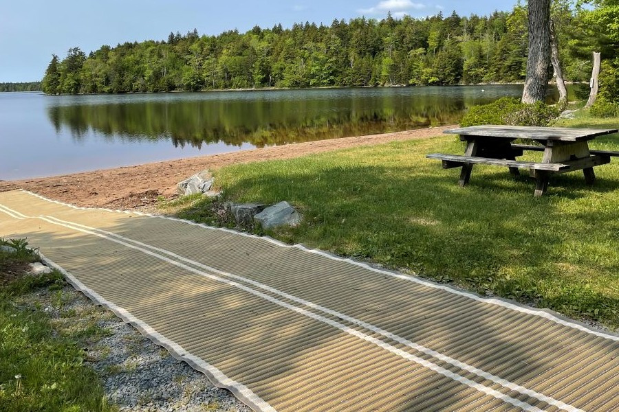 Beach access matt at Dollar Lake with a picnic table and trees